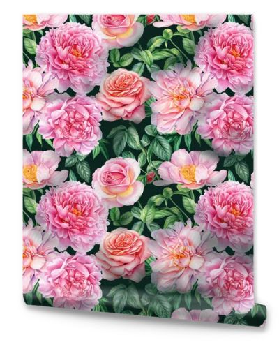 Watercolor Seamless pattern flowers peony, rose. Vintage Floral design 