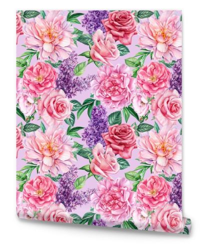 Watercolor Seamless pattern flowers peony, rose, lilac. Floral design 