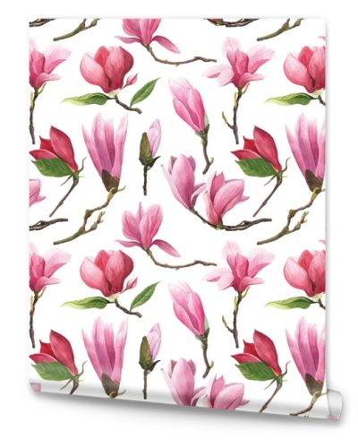 Seamless watercolor pattern. Flowers, leaves and buds of a magnolia tree on a white background.