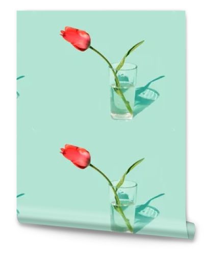 Pink tulips in glass. Spring pattern. Flowers wallpaper 