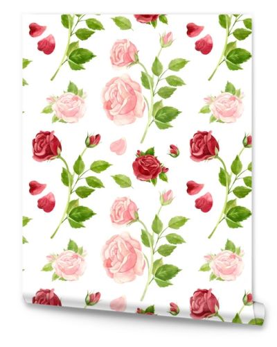 Pink and red roses seamless pattern. Flowers, buds and rose petals. Floral background in vintage style. Watercolor clipart.