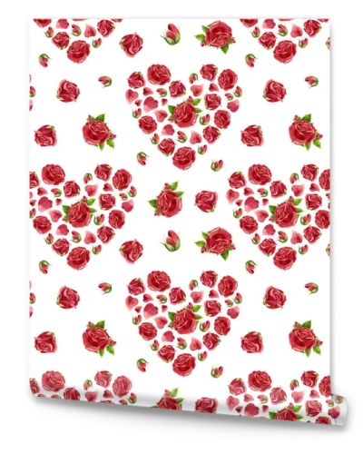 Red roses hearts, seamless pattern. Flowers, buds and rose petals. Floral romantic background in vintage style for Valentines Day or wedding. Watercolor clipart.