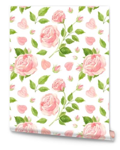 Pink roses seamless pattern. Flowers, buds and rose petals. Floral background in vintage style. Watercolor clipart.