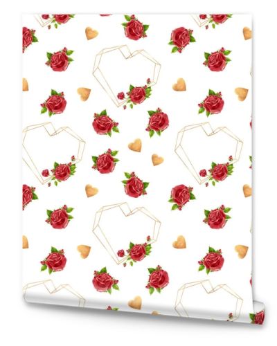 Red roses hearts, seamless pattern. Flowers, buds and rose petals. Floral romantic background in vintage style for Valentines Day or wedding. Watercolor clipart.