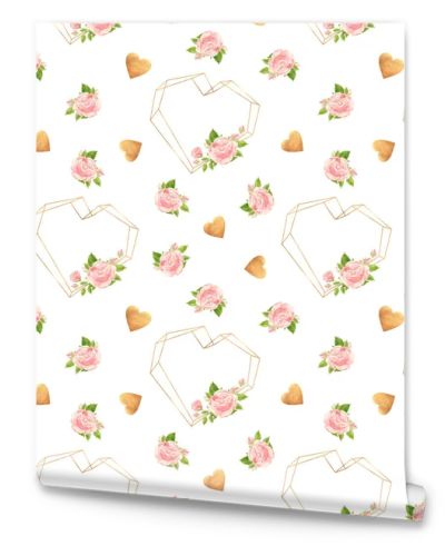 Pink roses hearts, seamless pattern. Flowers, buds and rose petals. Floral romantic background in vintage style for Valentines Day or wedding. Watercolor clipart.