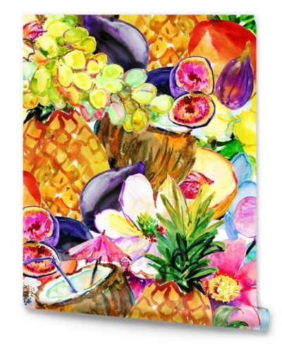 Pattern with coconut cocktail, fruits and tropical flowers.
