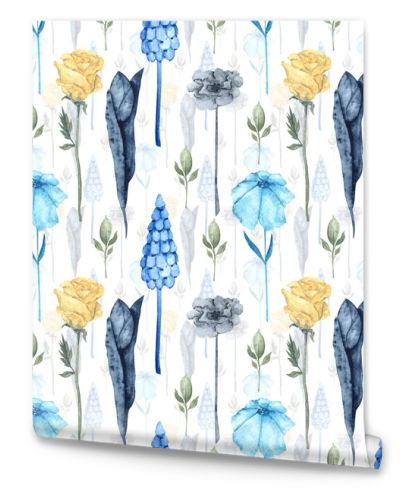 Delicate flowers in blue tones. Watercolor botanical illustration. Airy seamless pattern. Flowers and leaves on a white background.