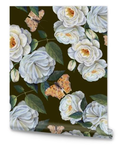 Garden flowers rose with leaves draw in pastel.  Floral seamless pattern flowers with butterfly on dark background.