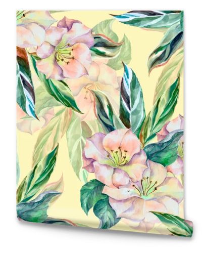 Watercolor seamless pattern. Flowers tropical with leaves on a cream background.
