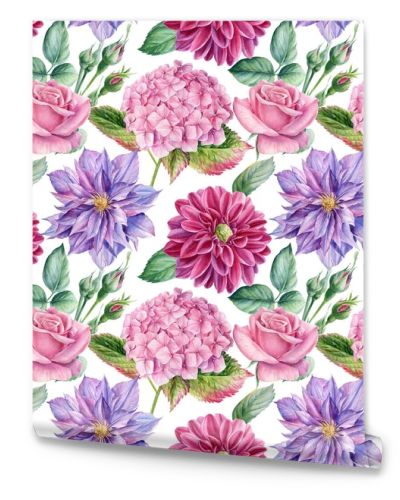 Floral seamless pattern, flowers hydrangea, clematis, dahlias, buds and leaves watercolor painting