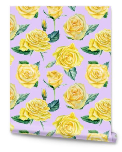 Seamless pattern. Flowers roses and leaves purple background. Watercolor illustration