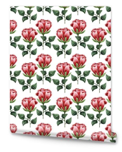 Watercolor red rose seamless pattern, floral background.