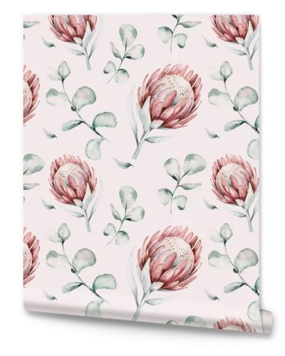 Protea seamless pattern flowers. watercolor tropical leaves, hand painted illustration of exotic floral elements background, can be used for greeting cards and invitations.