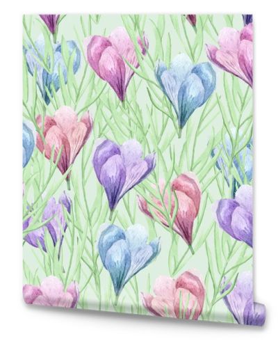 Spring blooming of crocuses on the field. For decoration of postcards, print, design works, souvenirs, design of fabrics and textiles, packaging design, invitation, wrapping, packaging, print