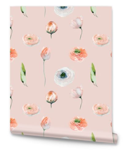 Watercolor flower seamless pattern of tender pink ranunculus flowers, wildflowers and green leaves, illustration on pink background