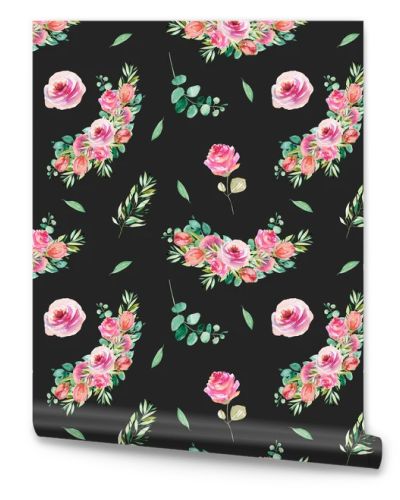 Floral seamless pattern of watercolor pink roses, greenery and eucalyptus branches, illustration on dark background