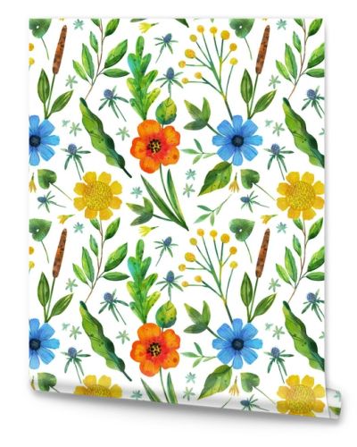 Seamless pattern with watercolor painted wildflowers, red, blue, yellow flowers, and herbs. Can be used for textile design, wrapping paper, design elements, backgrounds.