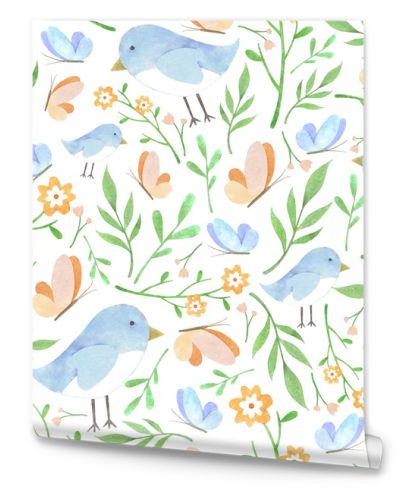 Watercolor floral pattern with blue birdies on white background