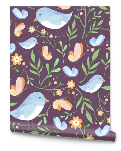 Watercolor floral pattern on dark purple background