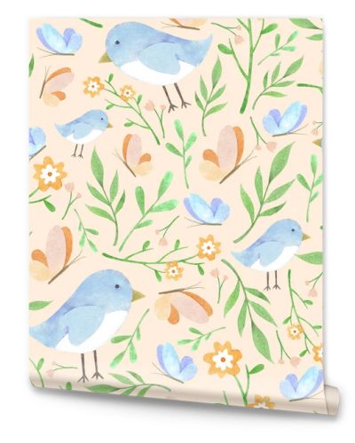 Watercolor floral pattern with birdies on light peach background
