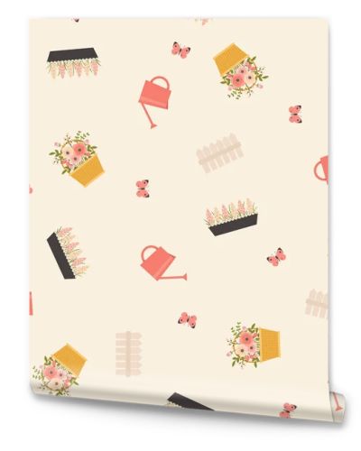 Spring seamless pattern. Flowers, watering can, fence, butterfly, basket. Vector endless wallpaper.