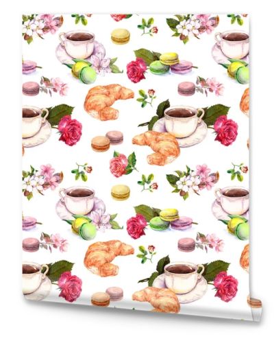 Tea, coffee pattern - flowers, croissant, teacup, macaroon cakes. Watercolor. Seamless