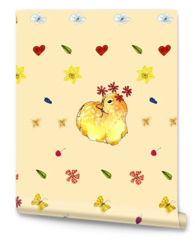 Seamless pattern flowers, chick, easter on a colored background. Seamless pattern with flowers and a hen for printing on objects, clothes, packaging, bed