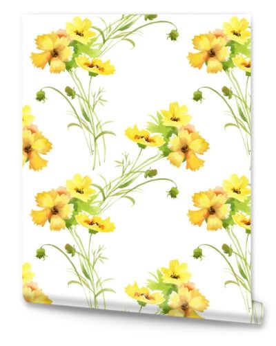 Watercolor seamless pattern with colorful flowers and leaves on white background, watercolor floral pattern, flowers in pastel color, tile for wallpaper, card or fabric.