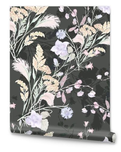 Beautiful floral seamless pattern. Flowers monochrome. Field flowers on a black background.