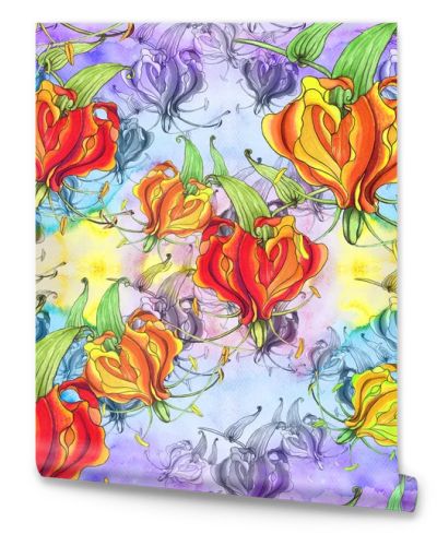 Gloriosa.Seamless pattern. Flowers and leaves - watercolor background image - decorative composition.