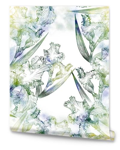 Irises. Seamless pattern. Decorative composition - flowers and buds of irises on the background of watercolor. 