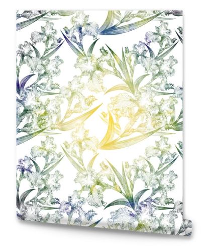 Irises. Seamless pattern. Decorative composition - flowers and buds of irises on the background of watercolor. 