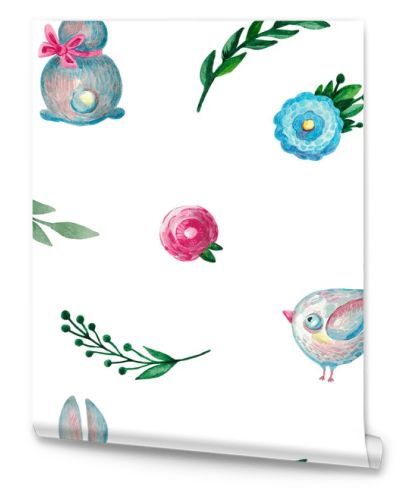 Seamless pattern flowers branch rabbit birdie Spring watercolor illustration