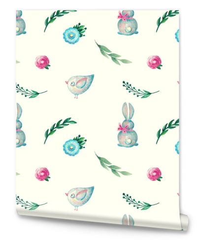 Seamless pattern flowers branch rabbit birdie Spring watercolor illustration