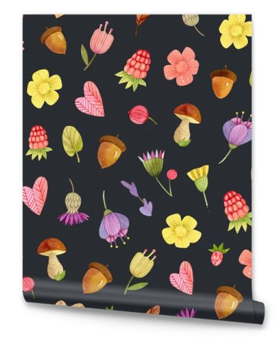 watercolor seamless pattern - flowers, mushroom, forest berries