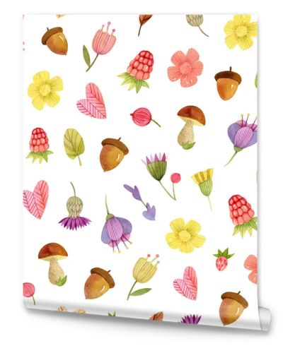 watercolor seamless pattern - flowers, berries