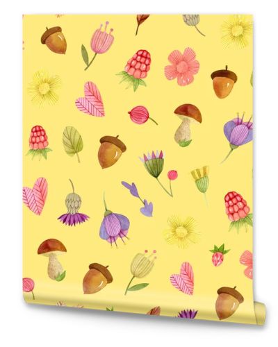 watercolor seamless pattern - flowers, berries