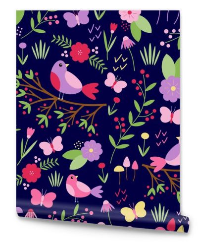 Vector seamless pattern of colourful birds, branches, butterflies, flowers and leaves on a navy blue background. Great for wrapping paper, dressmaking fabric and bedroom decor.