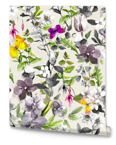 Seamless pattern - flowers, butterflies. Summer floral pattern in pastel neutral colors. Watercolor