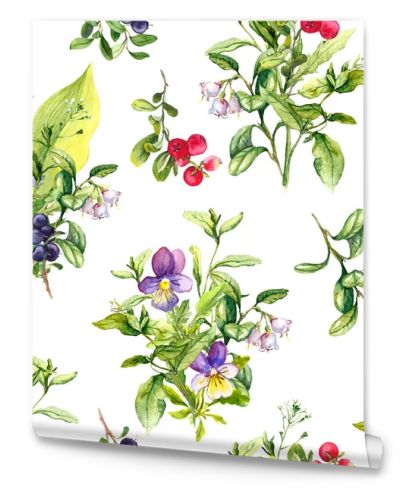 Floral seamless pattern - flowers, summer berries, wild herbs, meadow grass. Watercolor repeated background