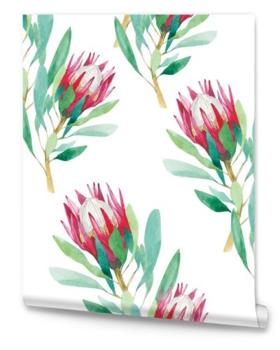 Watercolor tropical flower seamless pattern, flowers of protea - Illustration. Colorful exotic summer print with floral elements for the textile fabric and wallpapers.