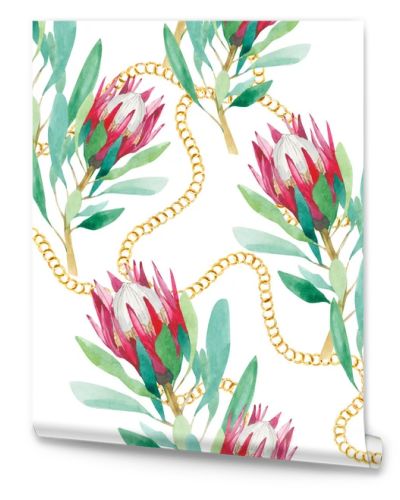 Watercolor golden chain and tropical flower seamless pattern, flowers of protea - Illustration. Colorful exotic summer print with floral elements for the textile fabric and wallpapers