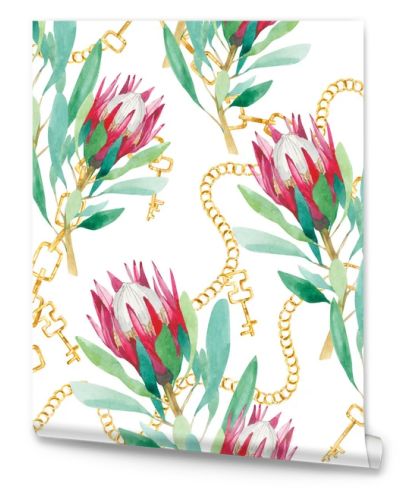 Watercolor golden chain and tropical flower seamless pattern, flowers of protea - Illustration. Colorful exotic summer print with floral elements for the textile fabric and wallpapers.