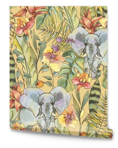 Watercolor jungle seamless pattern, Flowers of orchids, liana an