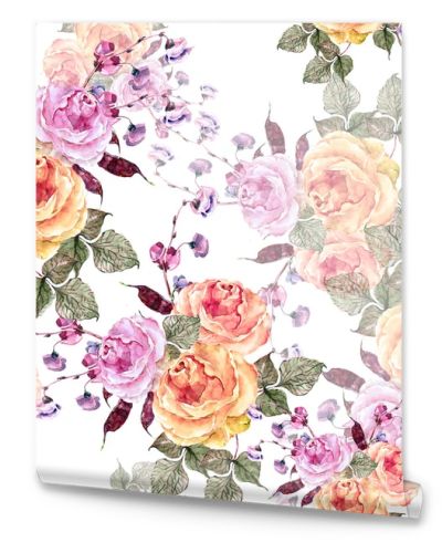 Watercolor floral seamless pattern. Flowers rose with flowers haricot on a white background.