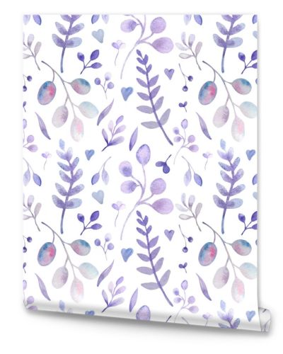 watercolor seamless pattern with lavender floral elements and flowers on white