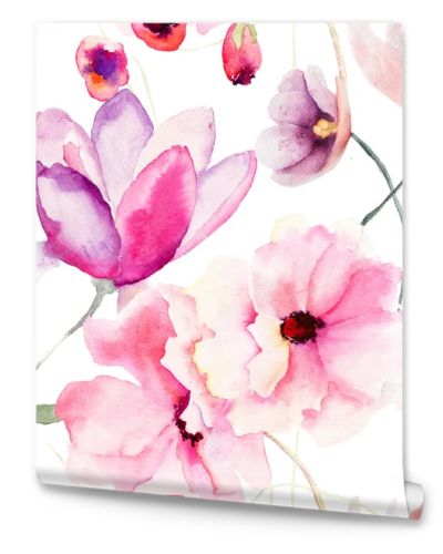 Watercolor seamless pattern with Pink flowers