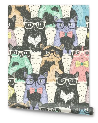 Seamless pattern with hipster cute cats for children