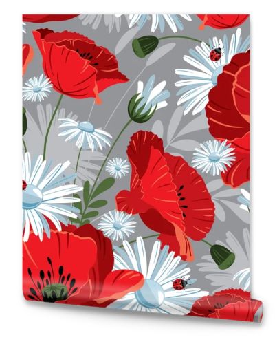 Excellent seamless pattern with with poppies and daisies