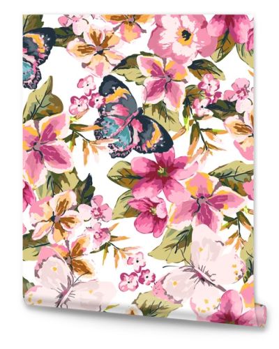 Butterfly with floral seamless pattern on blue background